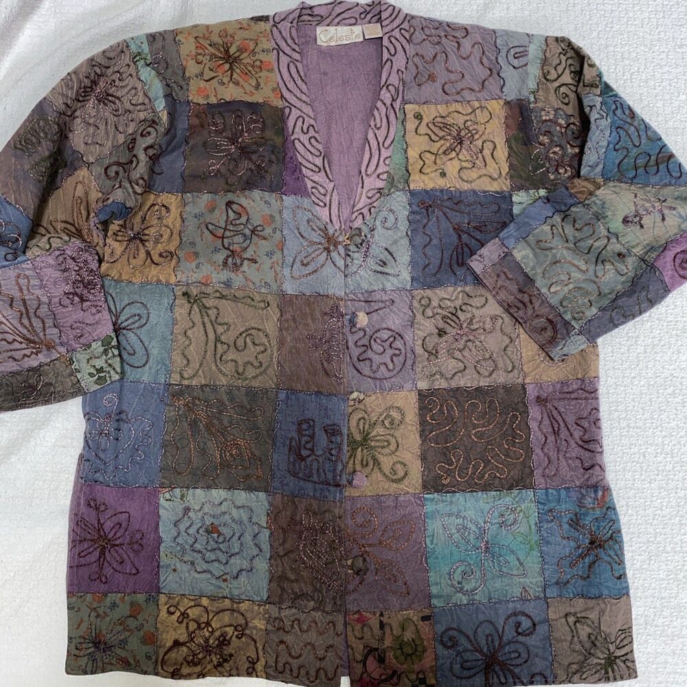 Vtg Celeste Art To Wear Patchwork Jacket S/M Cotton Embroidered Boho Hippie